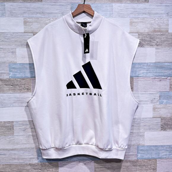 Adidas Oversized Sleeveless Basketball Sweatshirt White Mock Neck Cotton Mens XL - Picture 1 of 10